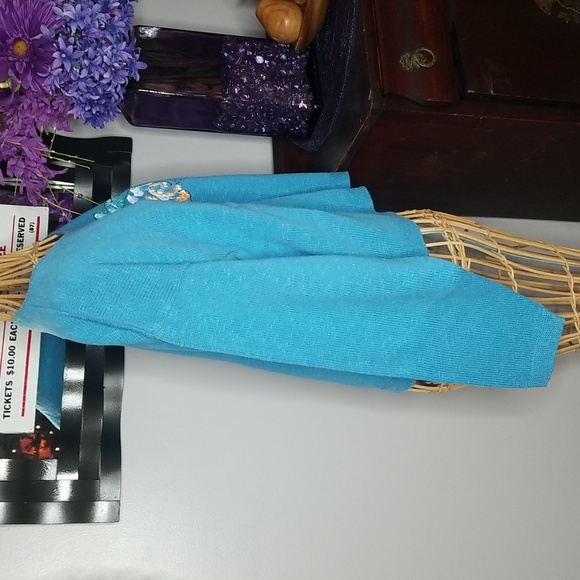 Large Aqua Blue Handpainted Fish Long Sleeve Light Knit Cotton Sweater - Picture 4 of 9